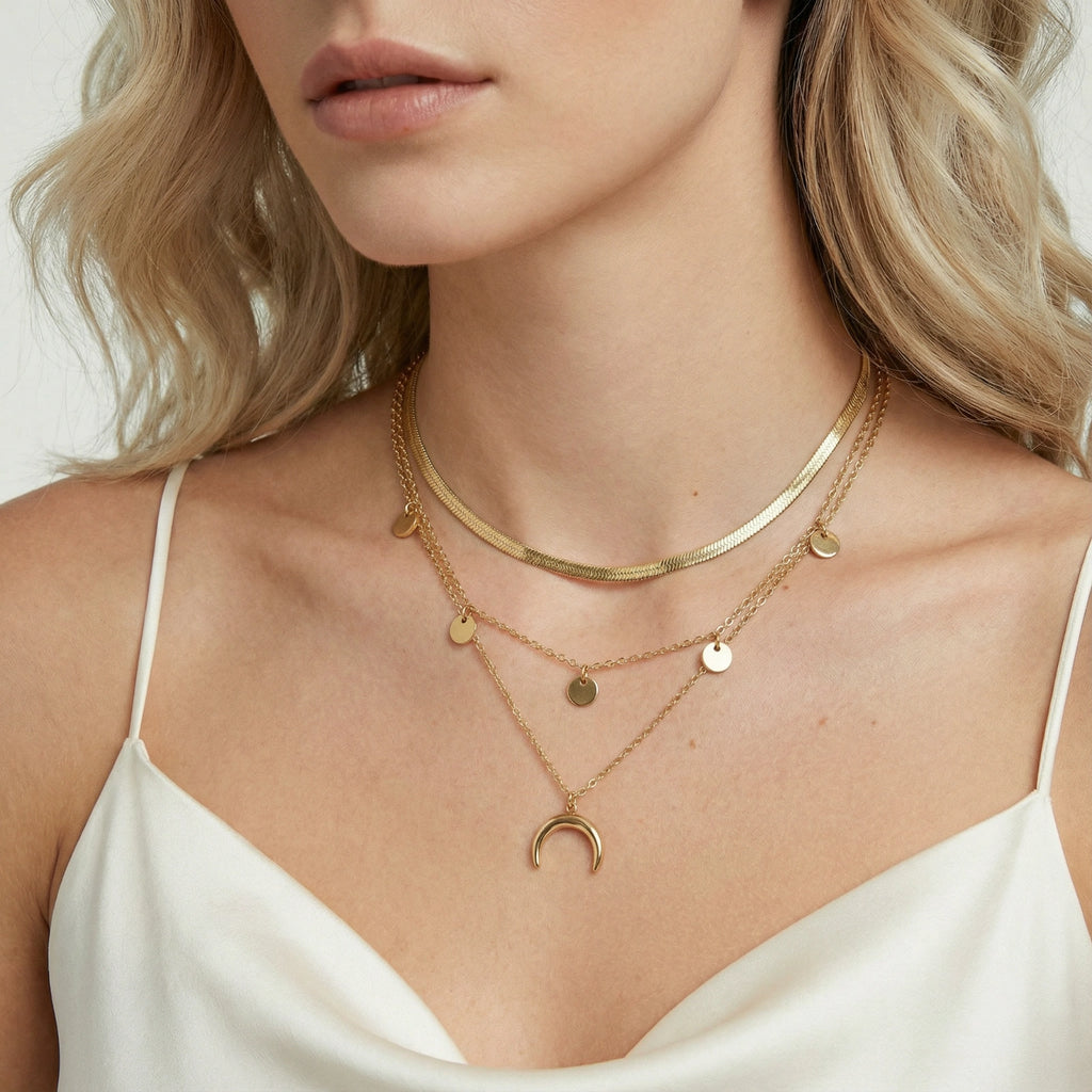 Set de Collares Multicapa Golden Crescent - Baño de Oro 14K