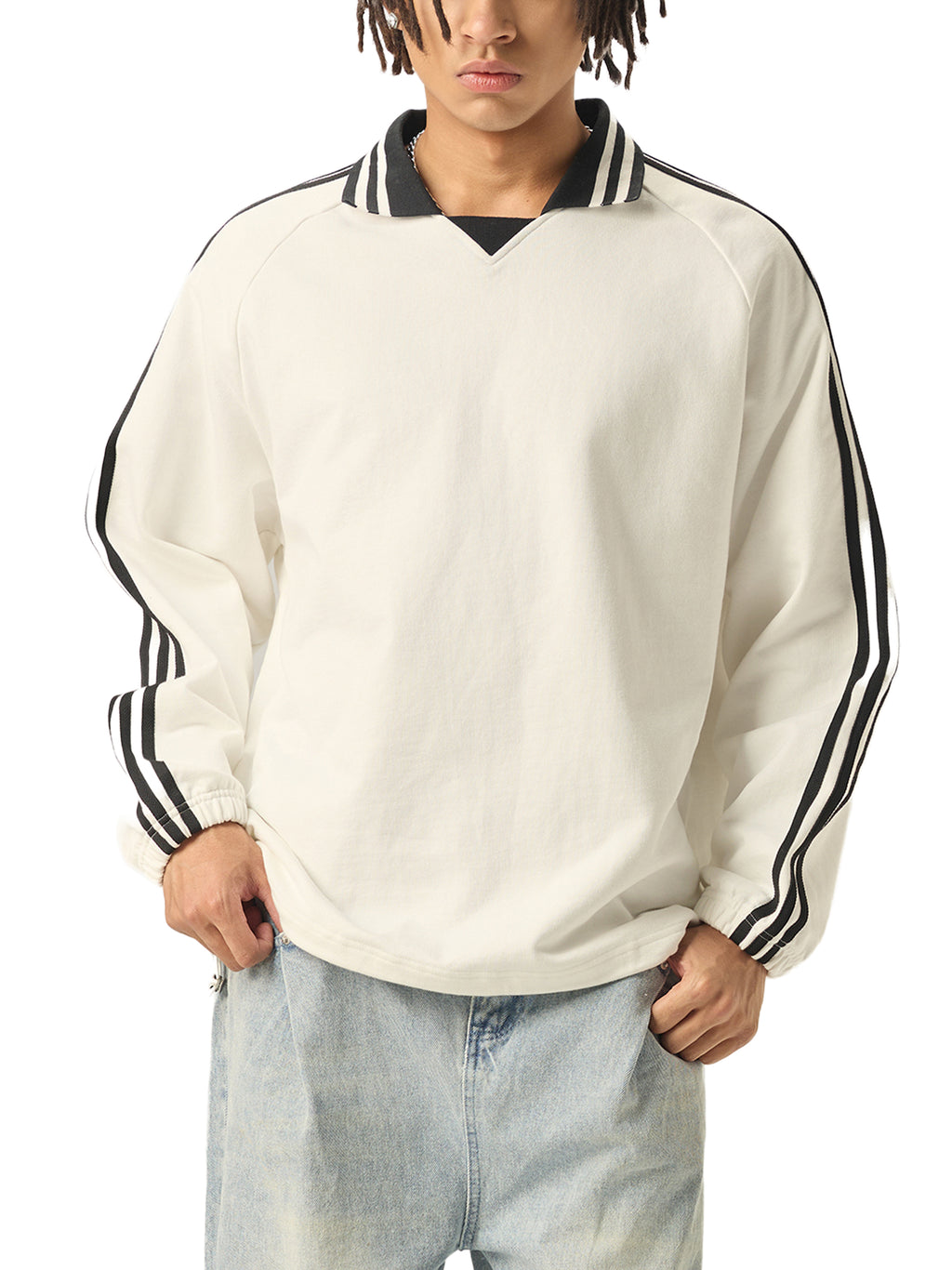 VAGORA Contrast Striped Lapel Collar Sweatshirt (380 GSM)