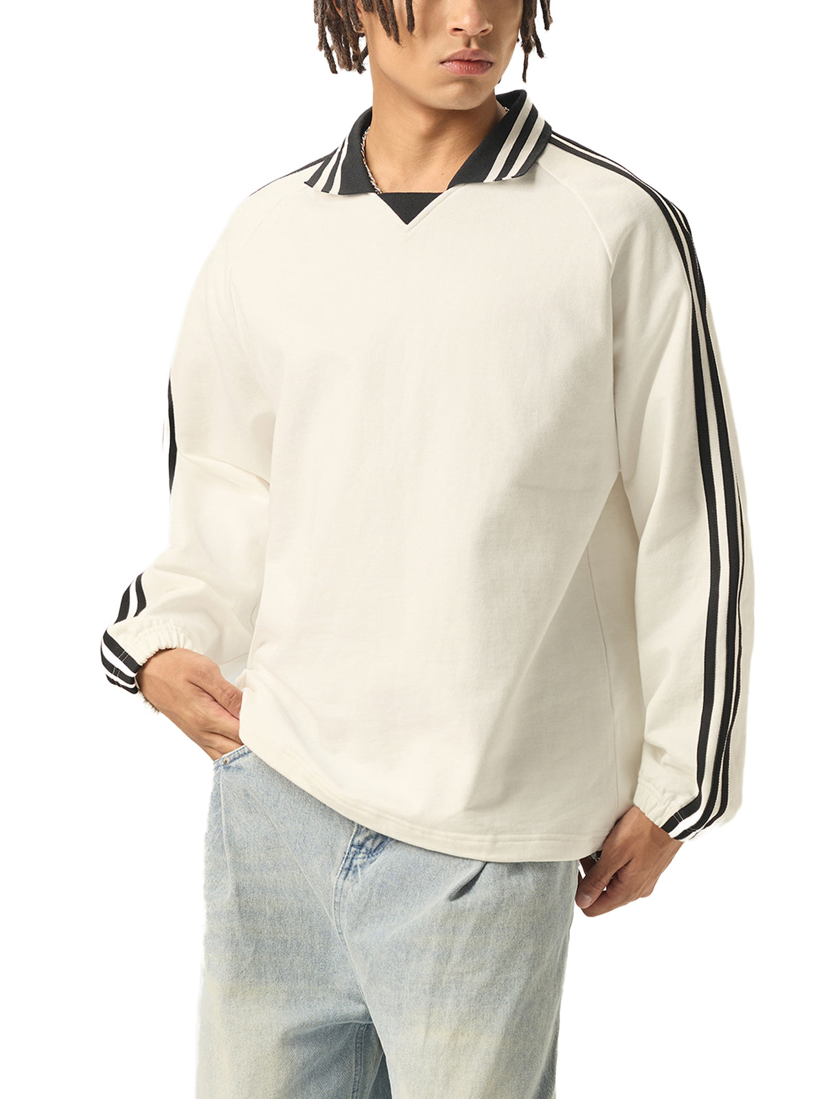 VAGORA Contrast Striped Lapel Collar Sweatshirt (380 GSM)