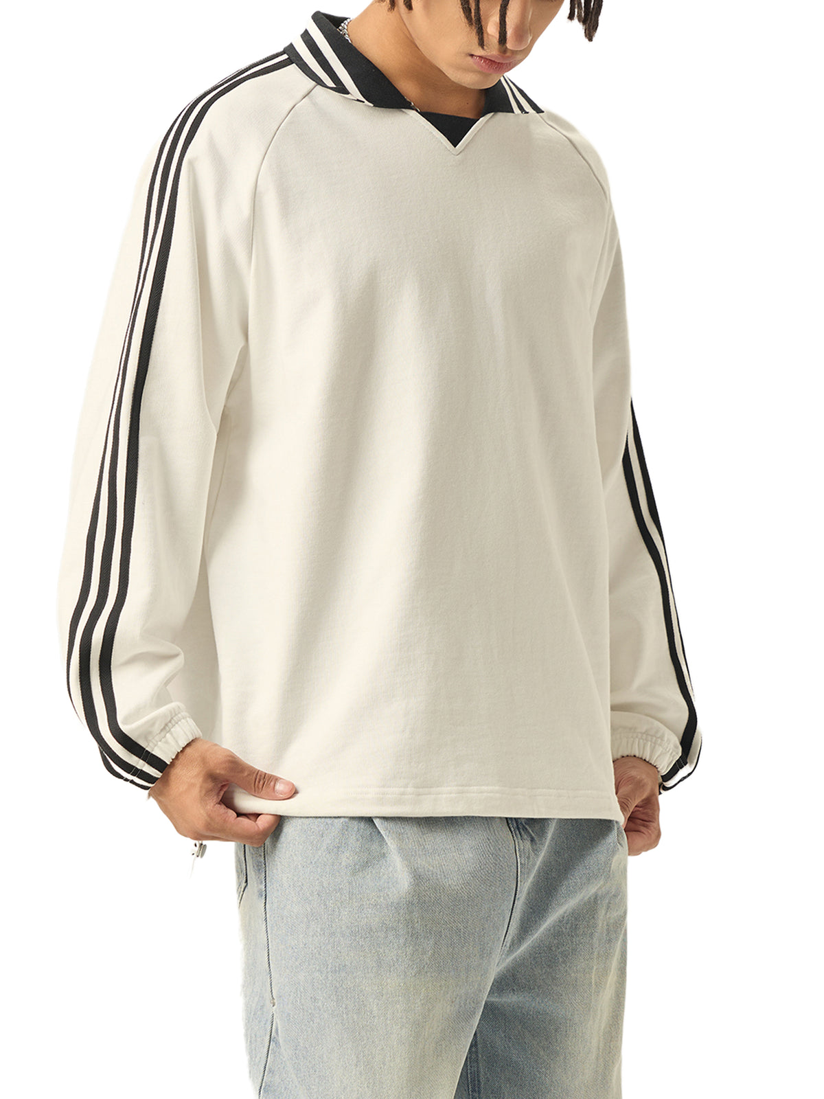 VAGORA Contrast Striped Lapel Collar Sweatshirt (380 GSM)