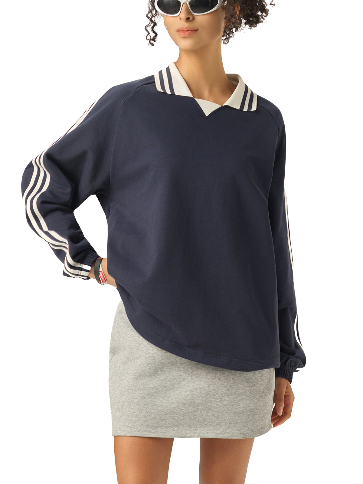 VAGORA Contrast Striped Lapel Collar Sweatshirt (380 GSM)