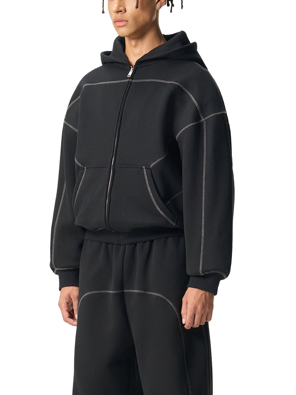 VAGORA Contrast-Stitched Boxy Zip Hoodie (350 GSM)