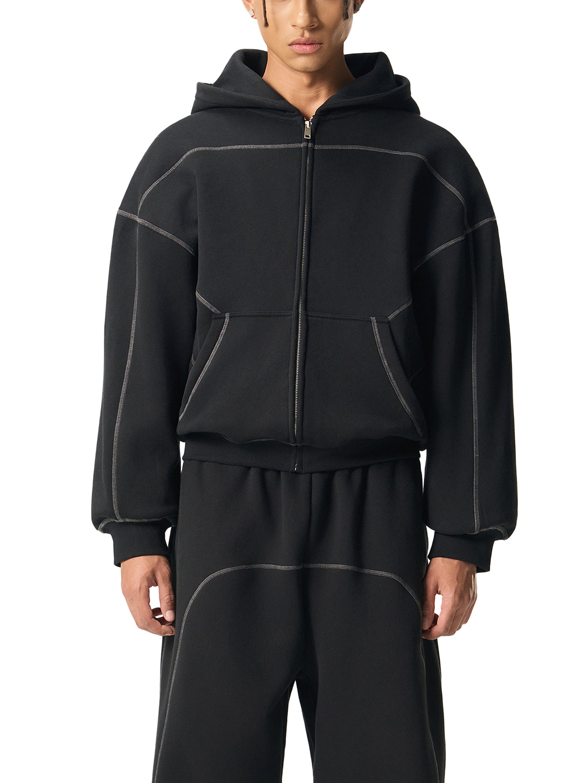 VAGORA Contrast-Stitched Boxy Zip Hoodie (350 GSM)