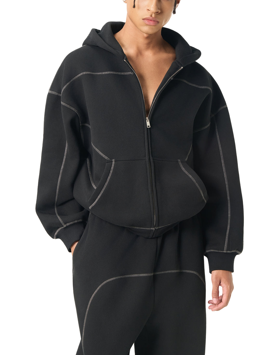 VAGORA Contrast-Stitched Boxy Zip Hoodie (350 GSM)