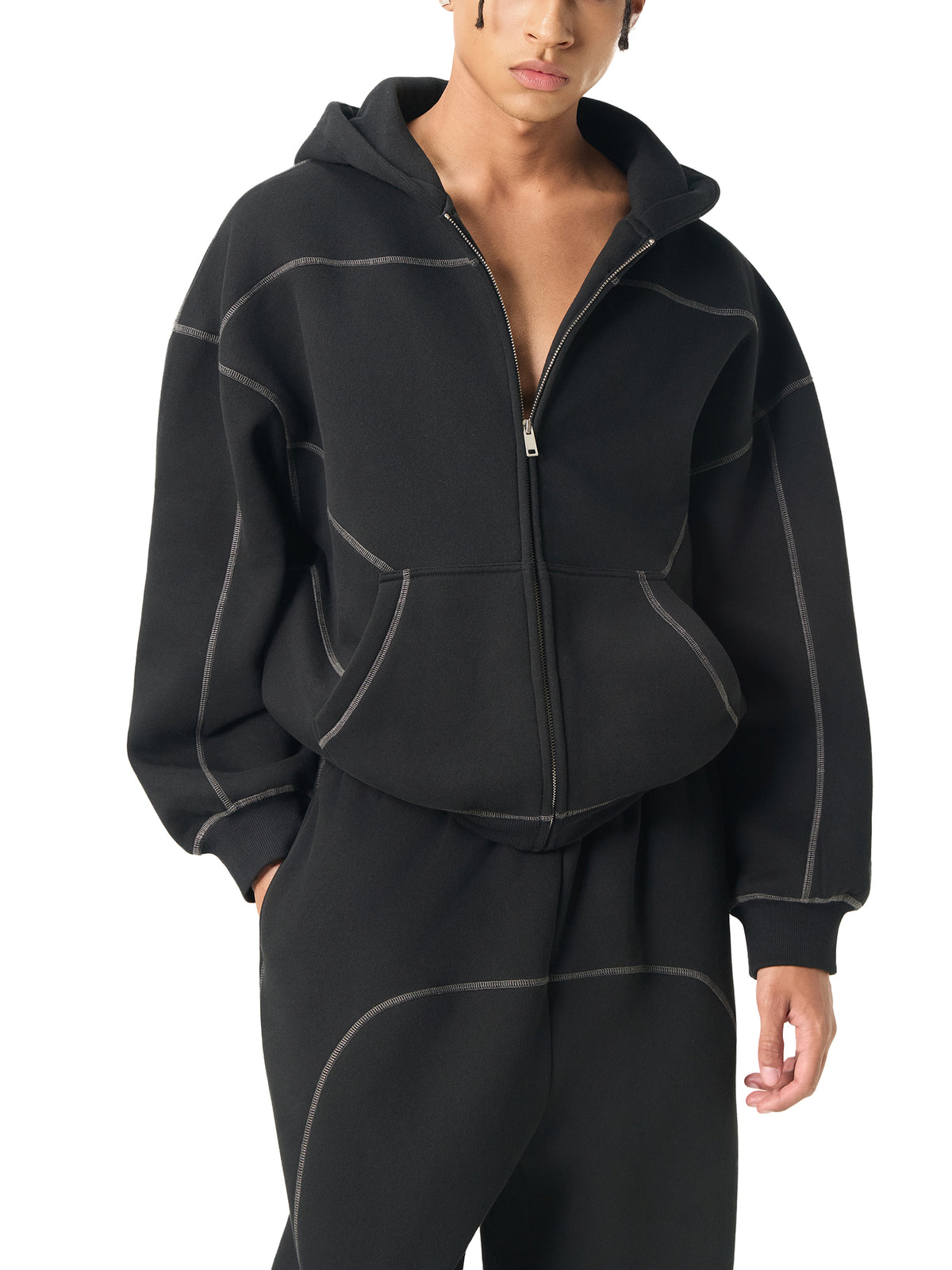VAGORA Contrast-Stitched Boxy Zip Hoodie (350 GSM)