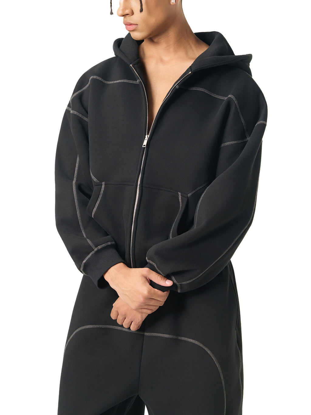 VAGORA Contrast-Stitched Boxy Zip Hoodie (350 GSM)